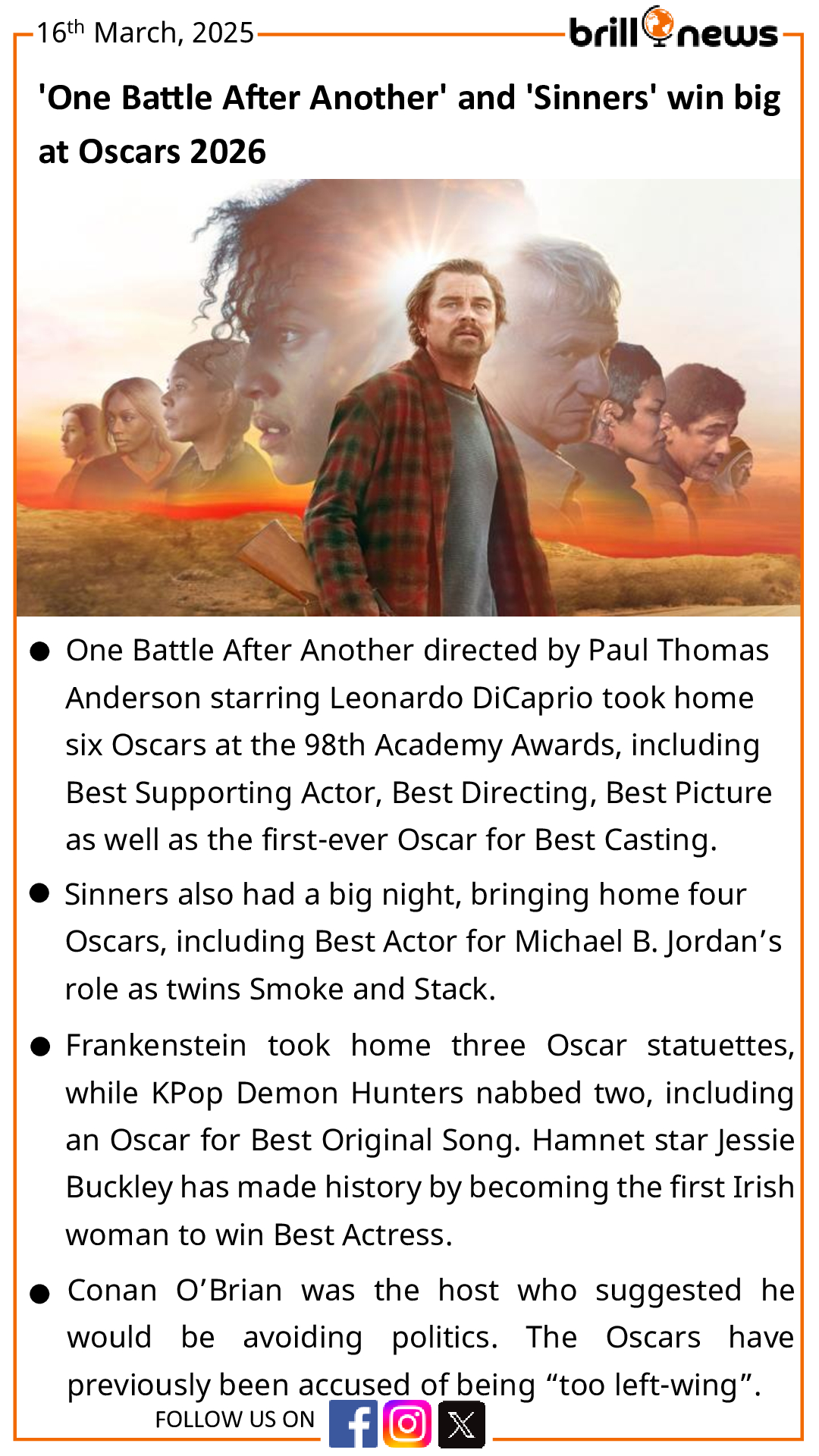 'One Battle After Another' and 'Sinners' win big at Oscars 2026