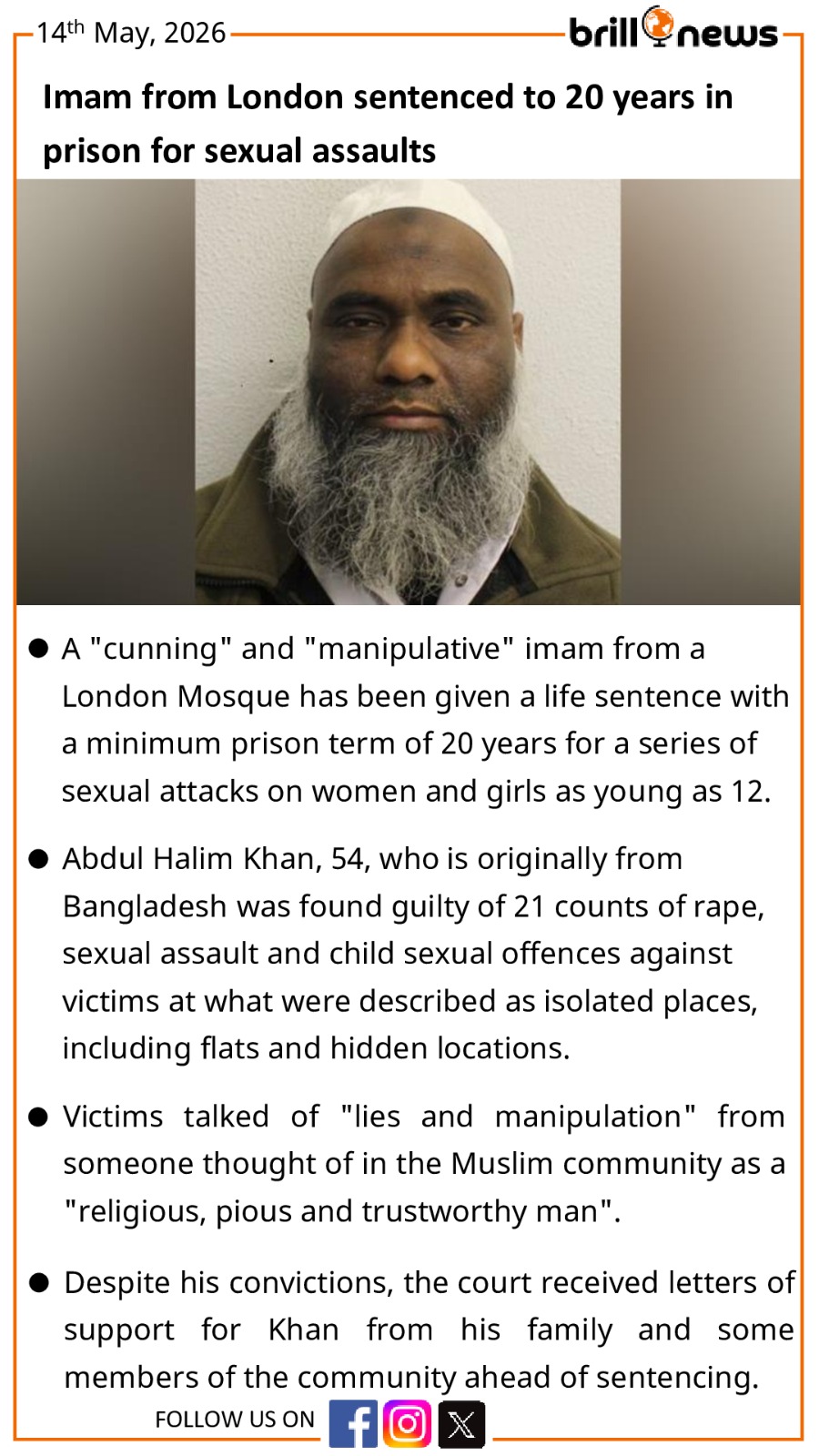Imam from London sentenced to 20 years in prison for sexual assaults