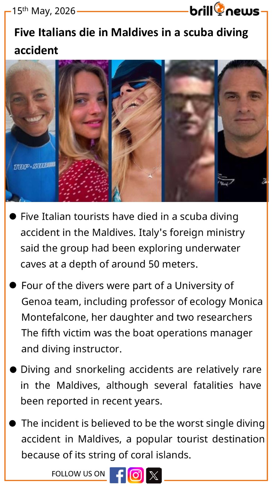 Five Italians die in Maldives in a scuba diving accident