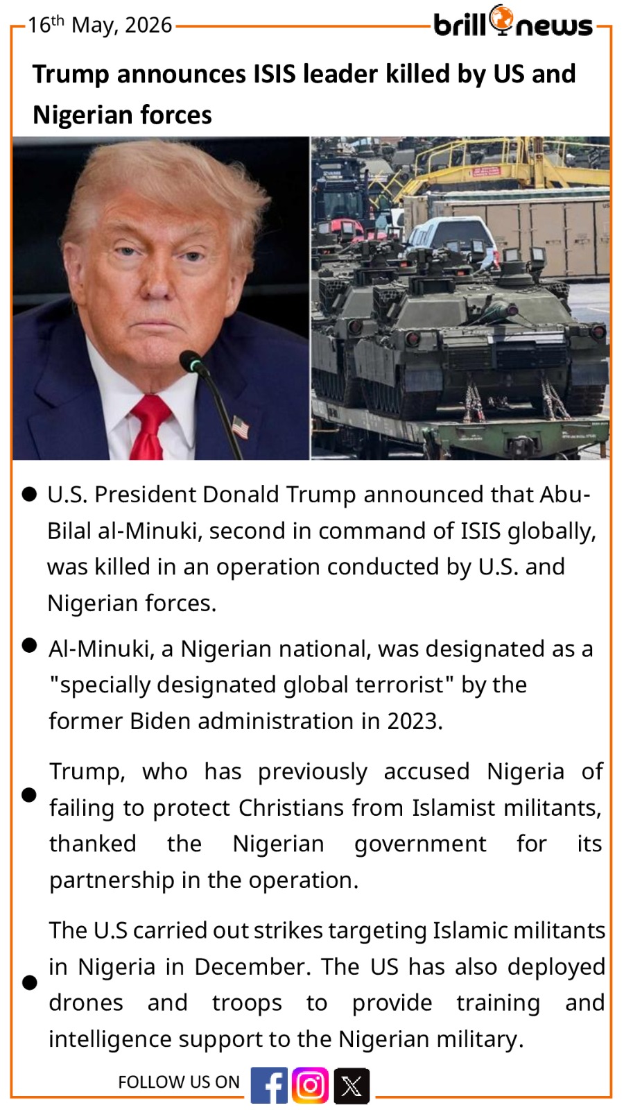 Trump announces ISIS leader killed by US and Nigerian forces
