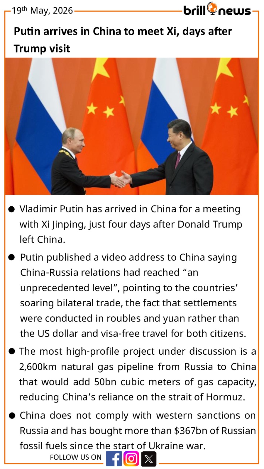 Putin arrives in China to meet Xi, days after Trump visit