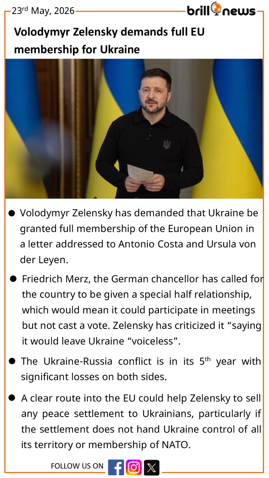 Volodymyr Zelensky demands full EU membership for Ukraine