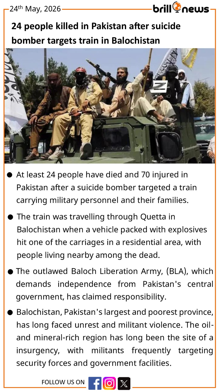 24 people killed in Pakistan after suicide bomber targets train in Balochistan
